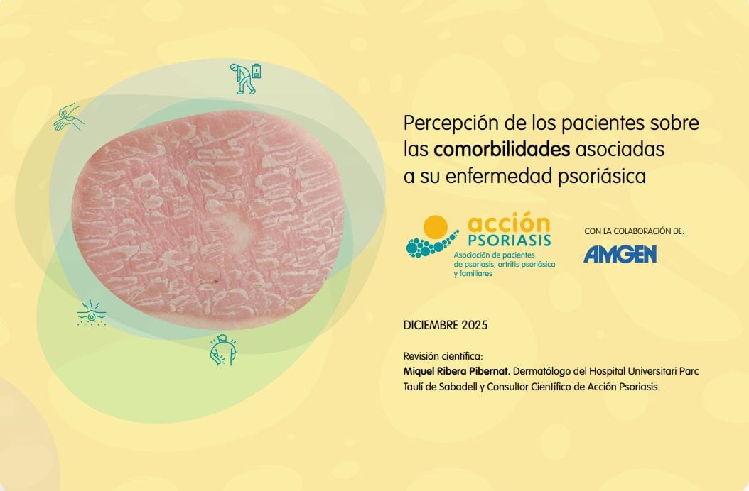 Portada del informe con una placa de psoriasis rodeada por círculos